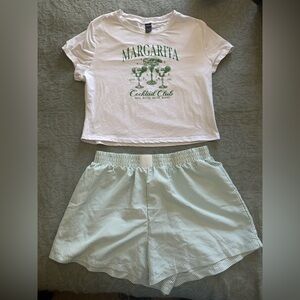 SHEIN White Margarita Graphic Tee & Light Green Stripe Sleep Shorts Set